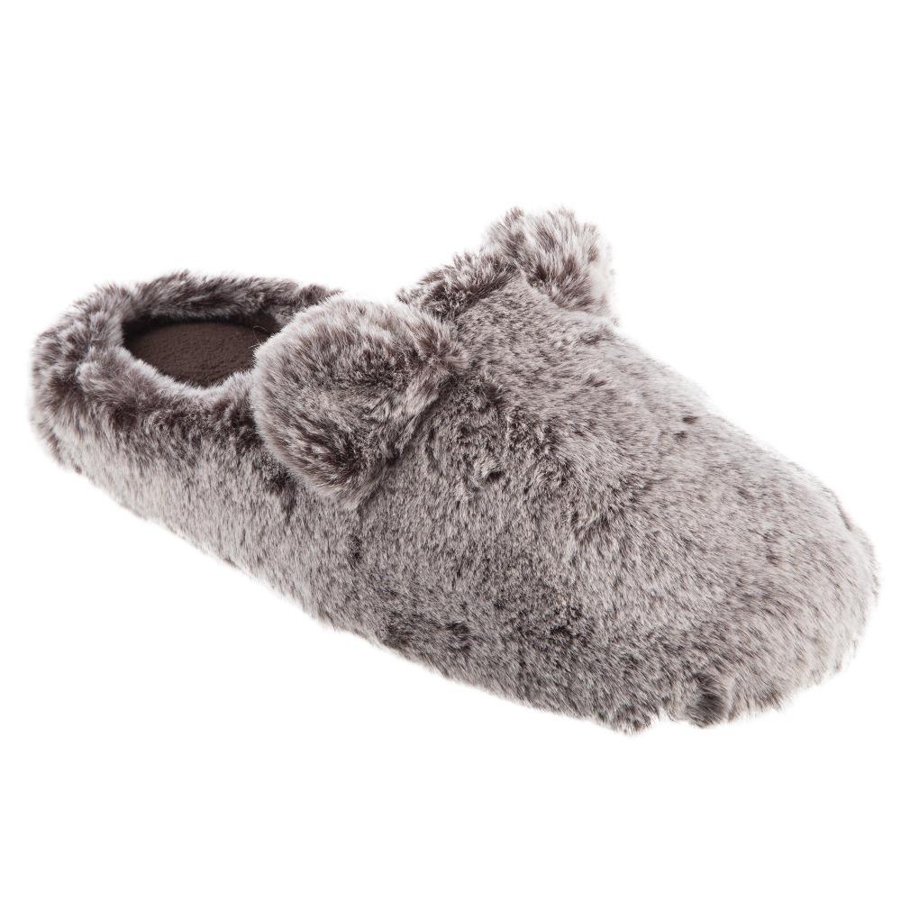 Women's Faux Fur Fey Novelty Hoodback Slippers in Dark Chocolate Bear Ears Right Angled View