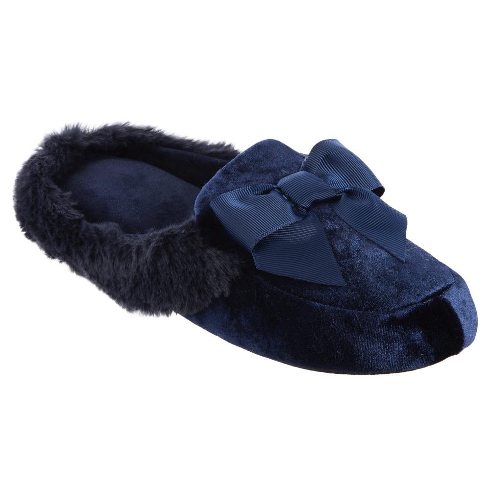 Women's Iridescent Velour Krista Hoodback Slippers in Navy Blue Right Angled View