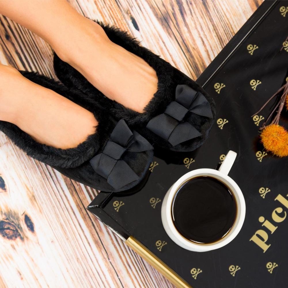 Women's Iridescent Velour Krista Ballerina Slippers in Black on Model with serving tray and mug of coffee