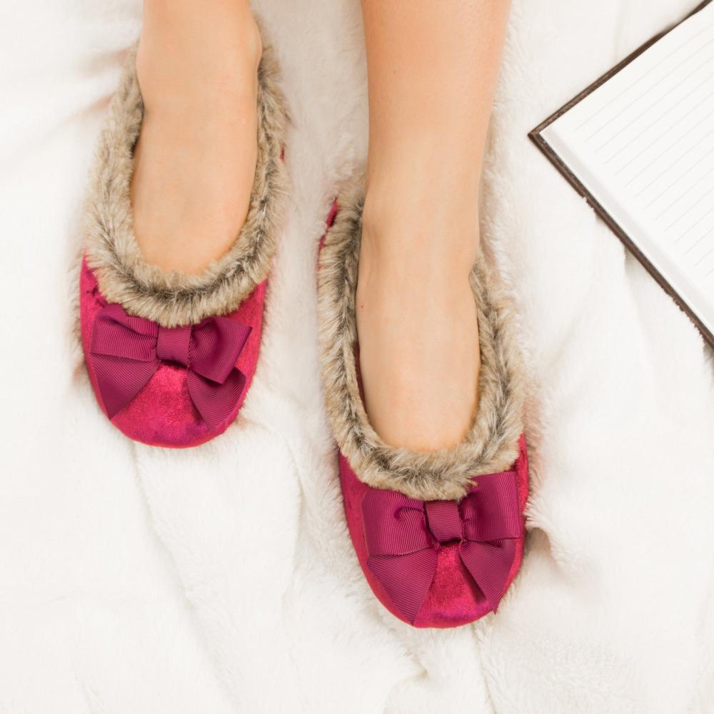 Women's Iridescent Velour Krista Ballerina Slippers in Chili Red on Model on Fur Blanket