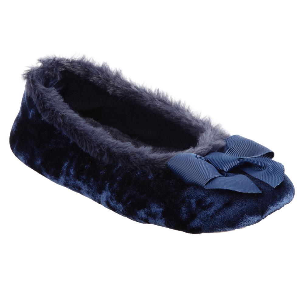 Women's Iridescent Velour Krista Ballerina Slippers in Navy Blue Right Angled View