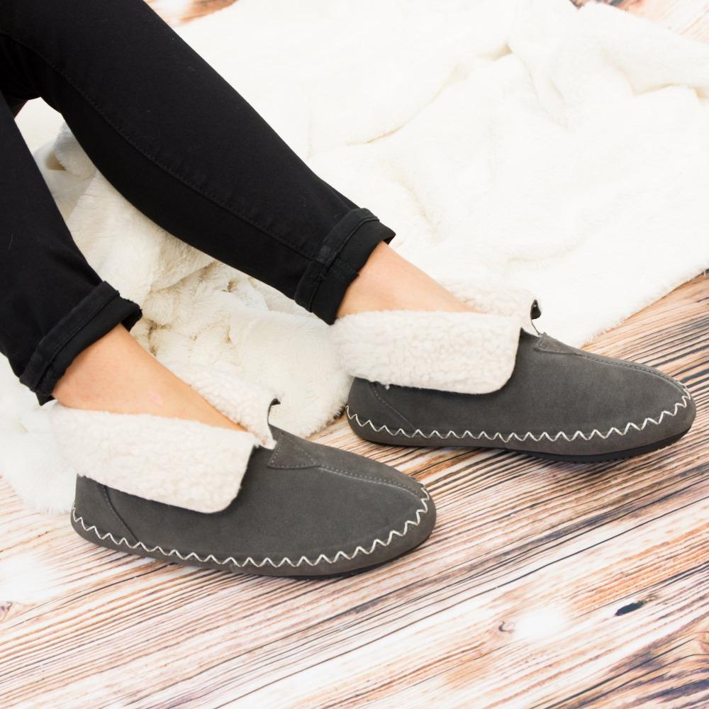 Women's Genuine Suede Boots in Ash on Model on Hardwood Floor with white blanket