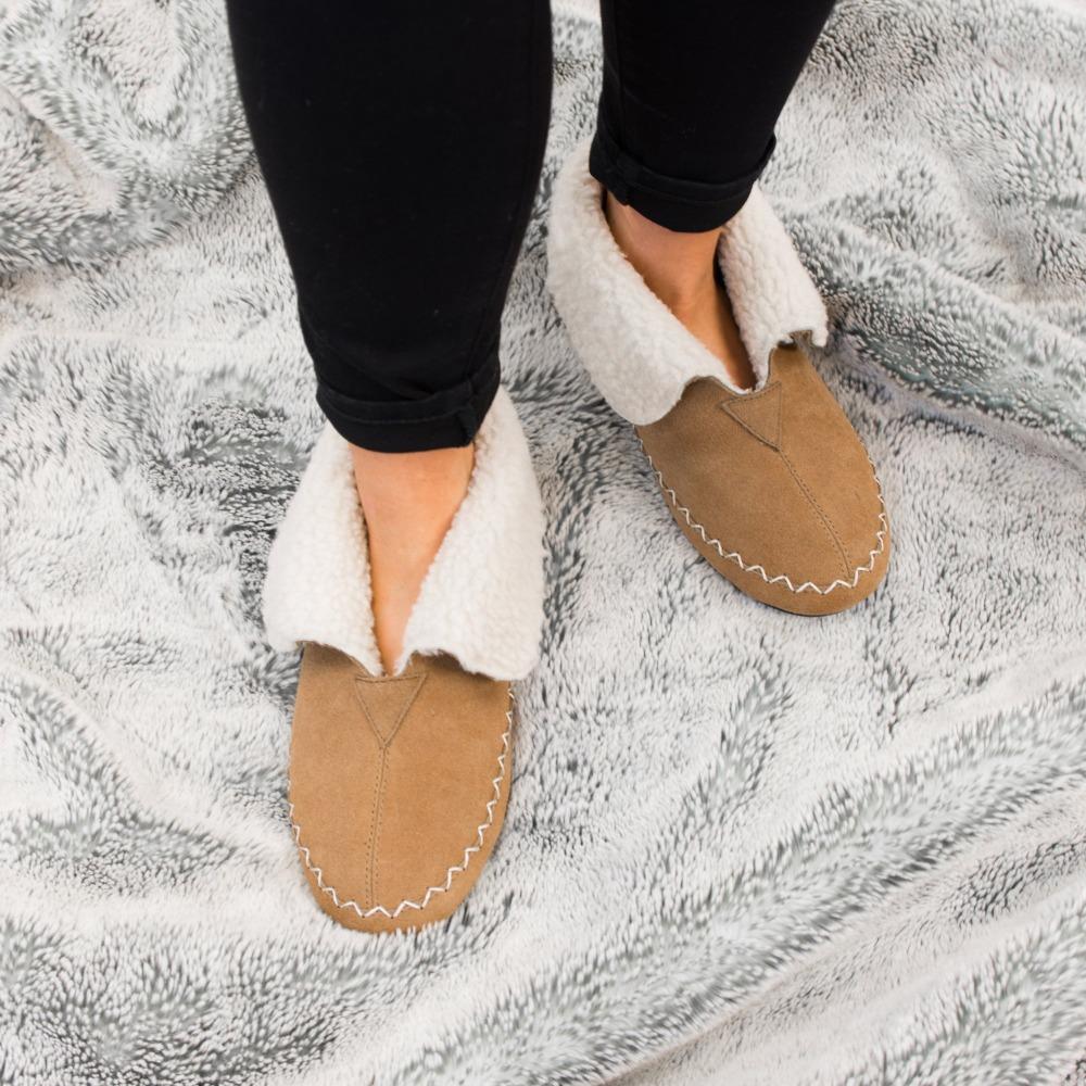 Women's Genuine Suede Boots in Buckskin on Model Standing on Grey Fur Blanket