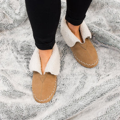 Women's Genuine Suede Boots in Buckskin on Model Standing on Grey Fur Blanket