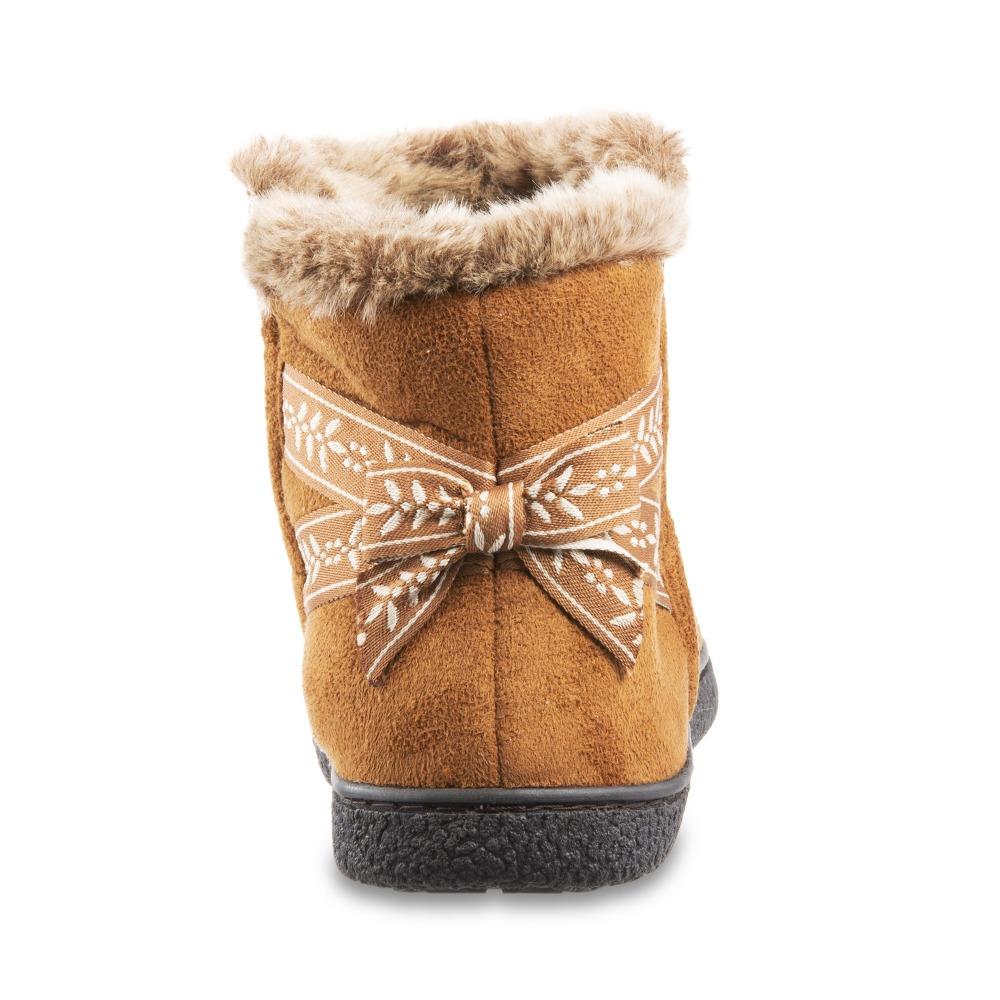 Women's Microsuede Addie Boot Slippers with Bow in Cognac Back Heel