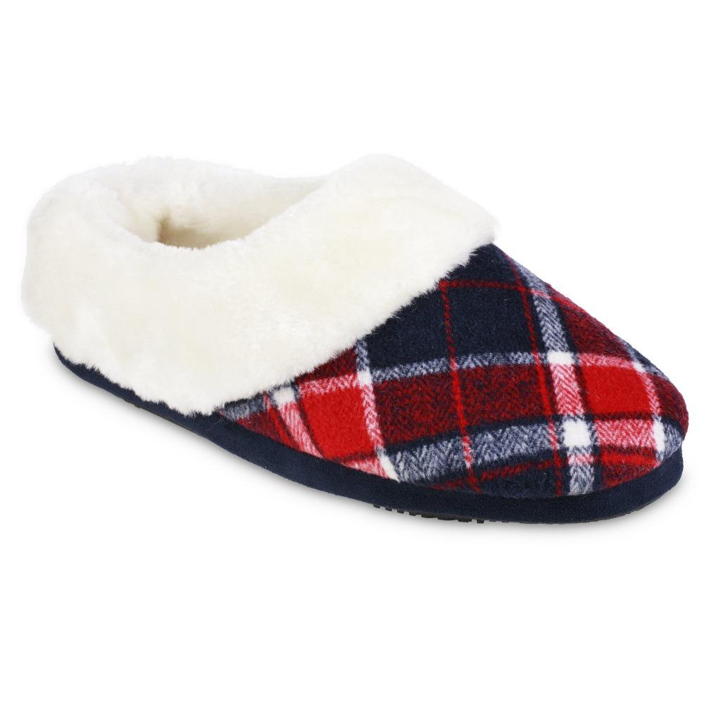 Women's Plaid Page Hoodback Slippers in Navy Blue Right Angled View
