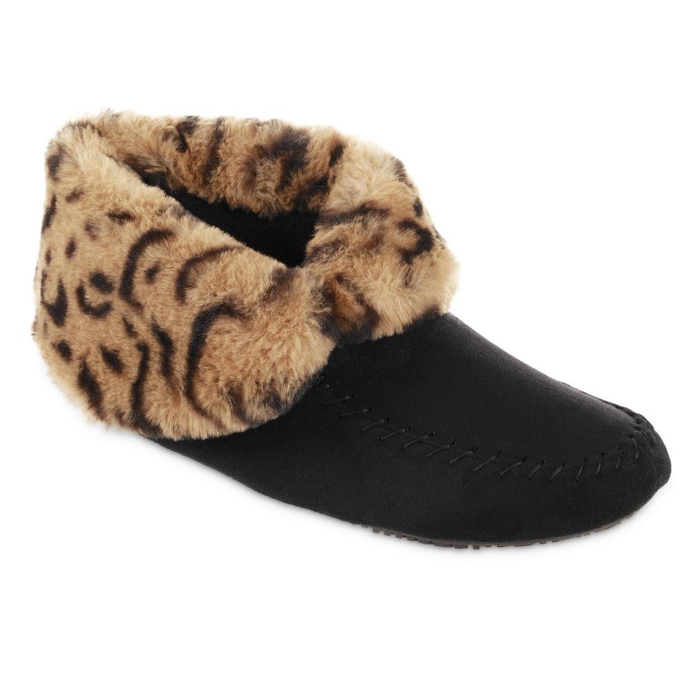 Women's Microsuede Noela Boot Slippers in Black with Cheetah Print Cuff Right Angled View