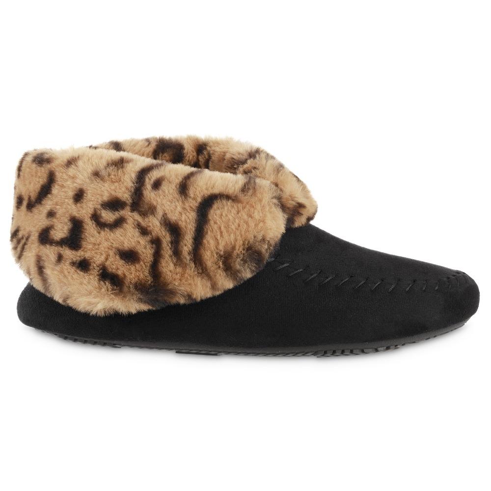 Women's Microsuede Noela Boot Slippers in Black with Cheetah Print Cuff Profile