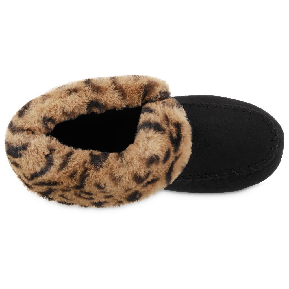 Women's Microsuede Noela Boot Slippers in Black with Cheetah Print Cuff Inside Top View