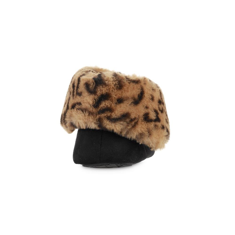 Women's Microsuede Noela Boot Slippers in Black with Cheetah Print Cuff Back Heel