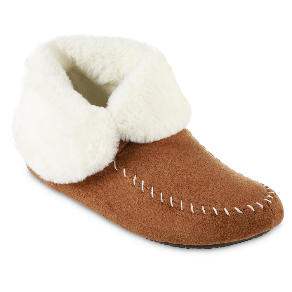 Women's Microsuede Noela Boot Slippers in Cognac with White Faux Fur Cuff Right Angled View