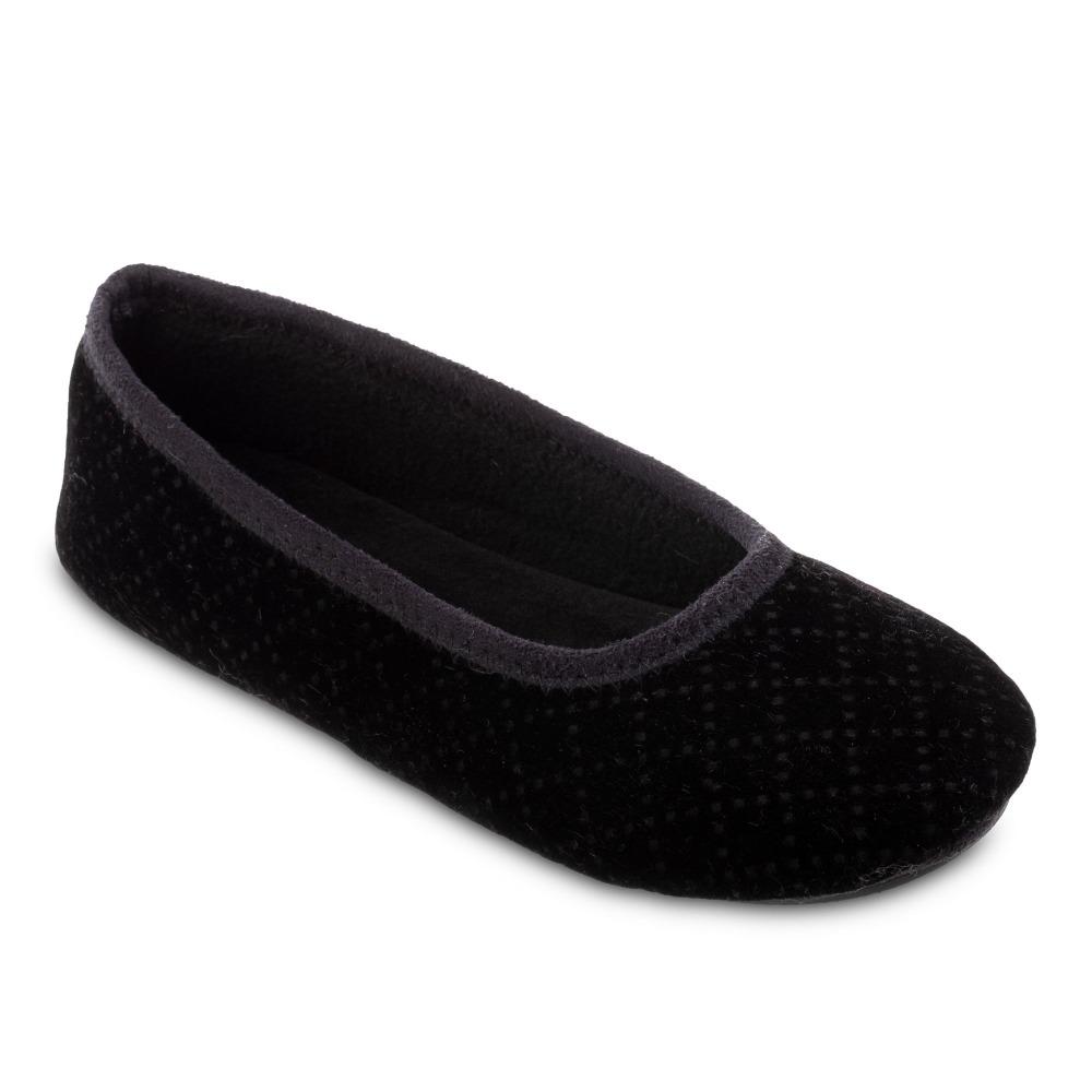 Women's Memory Foam Velour Sabrine Ballerina Slippers in Black Right Angled View