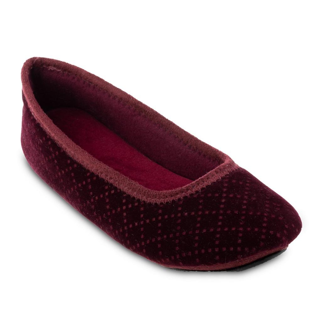 Women's Memory Foam Velour Sabrine Ballerina Slippers in Henna Maroon Right Angled View