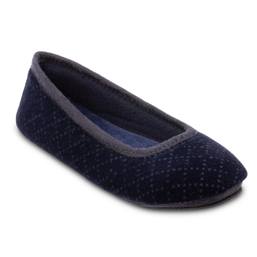Women's Memory Foam Velour Sabrine Ballerina Slippers in Navy Blue Right Angled View