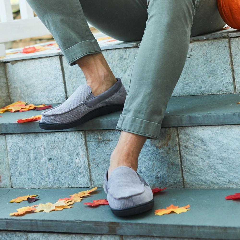 Men's Diamond Corduroy Moccasin Slippers in Ash (Grey) on Model