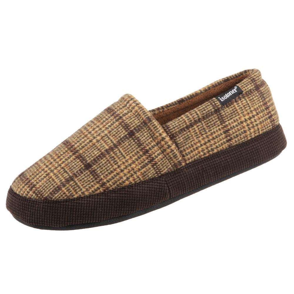 Men's Plaid Liam Closed Back Slippers in Dark Chocolate (Plaid pattern) Left Angled View