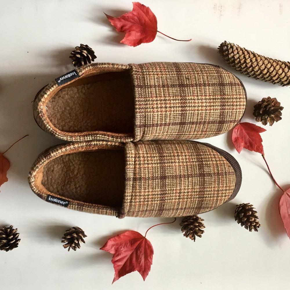 Men's Plaid Liam Closed Back Slippers in Dark Chocolate (Plaid pattern) Lifestyle Image