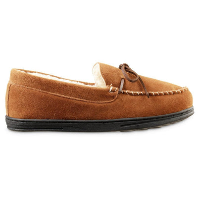 Men's Genuine Suede Moccasin Slippers in Buckskin Tan Profile