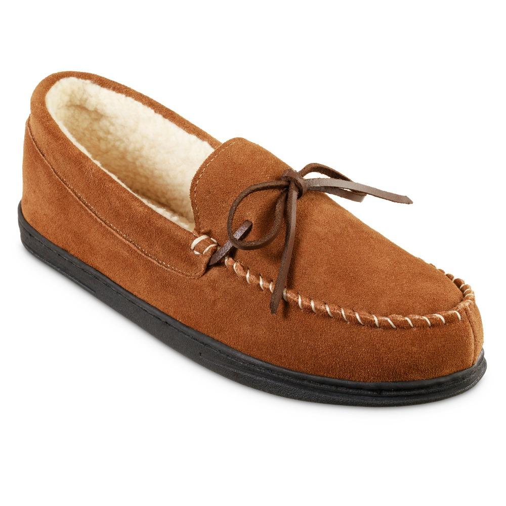 Men's Genuine Suede Moccasin Slippers in Buckskin Tan Right Angled View