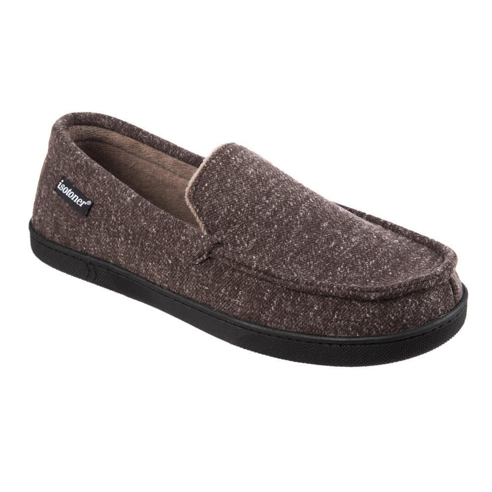 Men's Heather Knit Preston Moccasin Slippers in Dark Chocolate Right Angled View