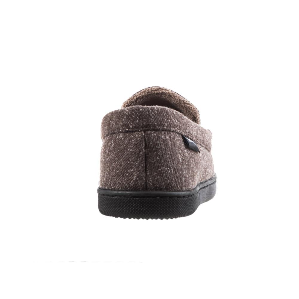 Men's Heather Knit Preston Moccasin Slippers in Dark Chocolate Heel View