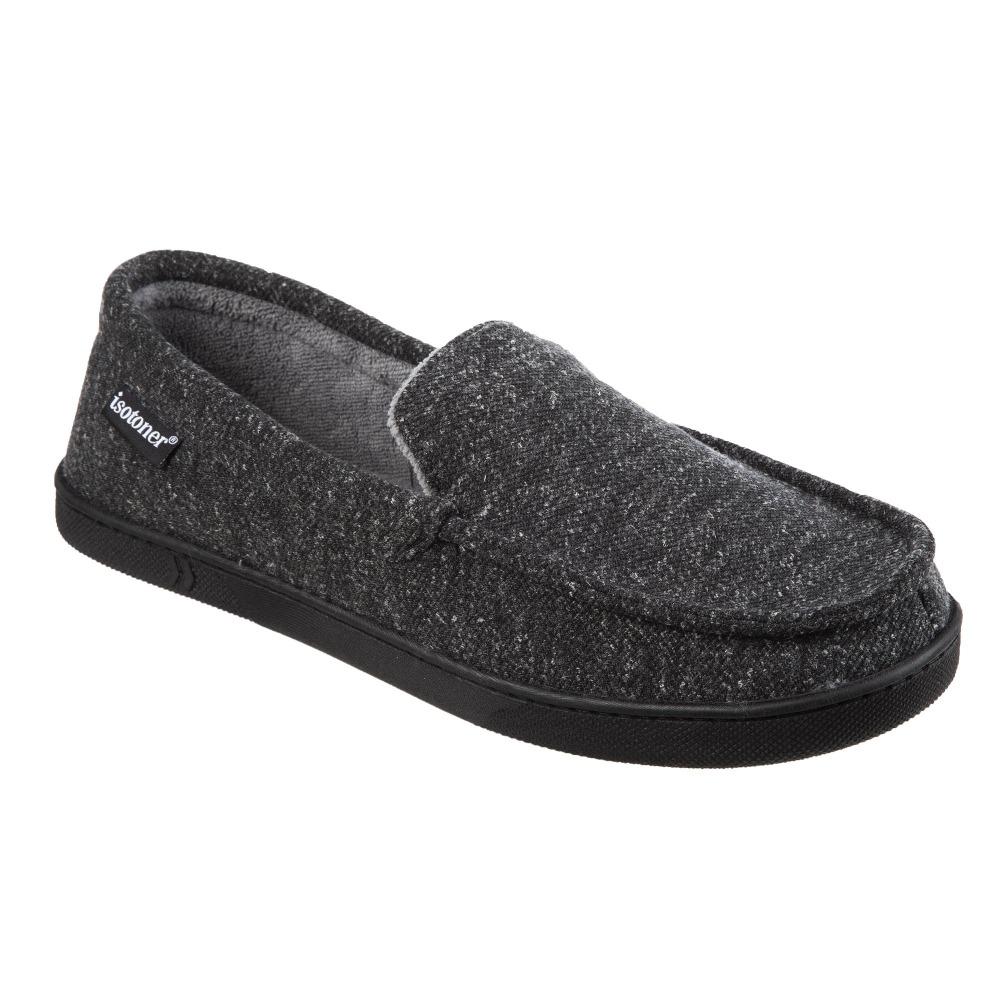 Men's Heather Knit Preston Moccasin Slippers in Dark Charcoal Heather Right Angled View