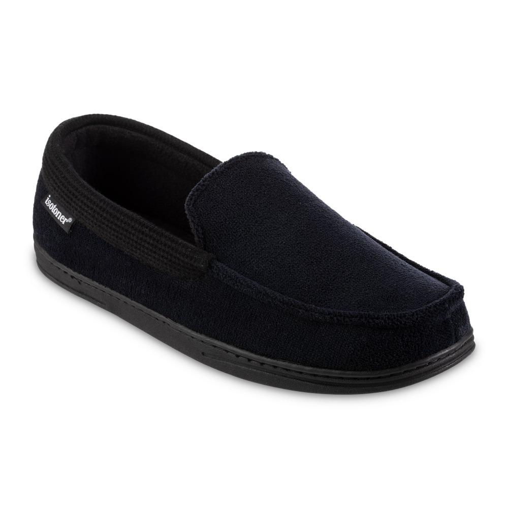 Men's Microterry and Waffle Travis Moccasin Slippers in Black Right Angled View