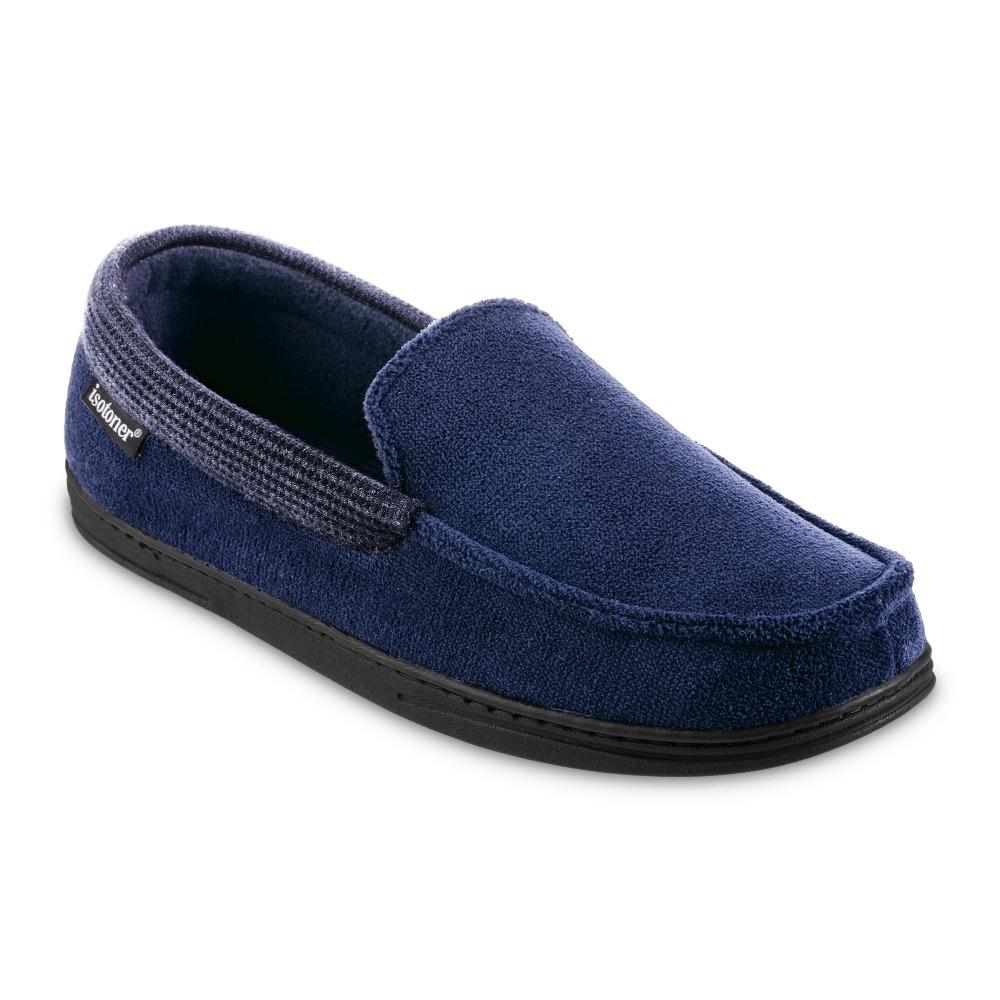 Men's Microterry and Waffle Travis Moccasin Slippers in Navy Blue Right Angled View