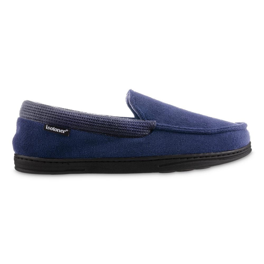 Men's Microterry and Waffle Travis Moccasin Slippers in Navy Blue Profile