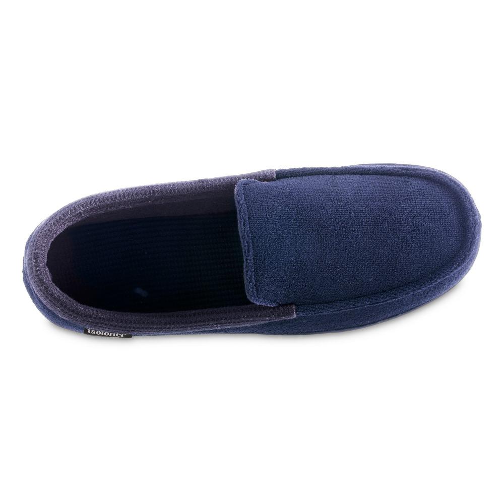 Men's Microterry and Waffle Travis Moccasin Slippers in Navy Blue Inside Top View