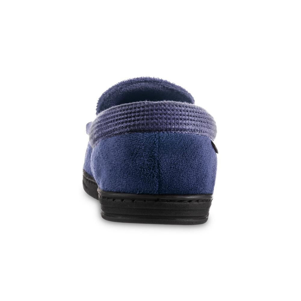 Men's Microterry and Waffle Travis Moccasin Slippers in Navy Blue Back Heel