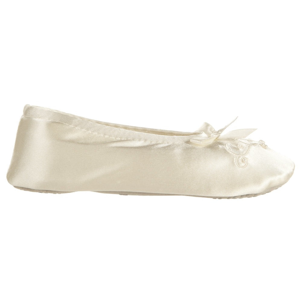 Girl's Satin Pearl Ballerina Slippers in Ivory Profile #color_Ivory