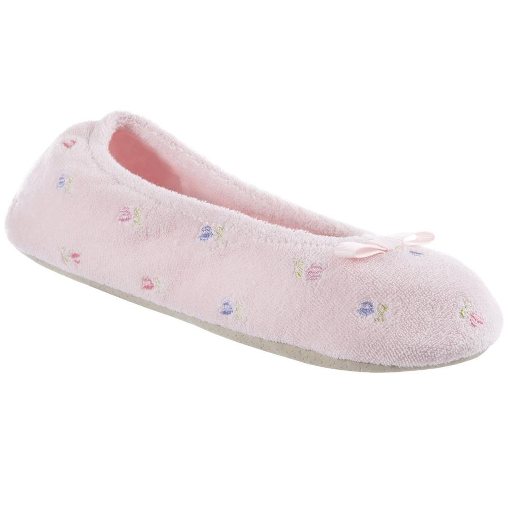 Women's Signature Embroidered Floral Terry Ballerina Slippers in Pink Left Angled View