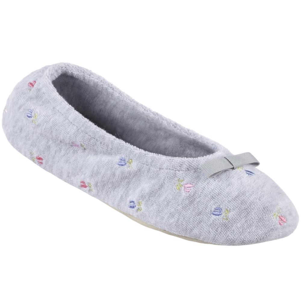 Women's Signature Embroidered Floral Terry Ballerina Slippers in Heather Left Angled View