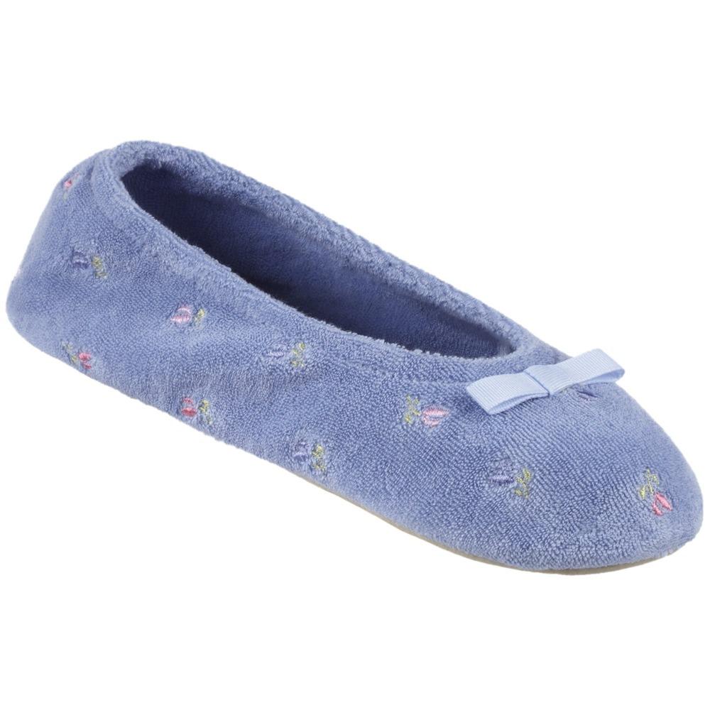 Women's Signature Embroidered Floral Terry Ballerina Slippers in Periwinkle Left Angled View