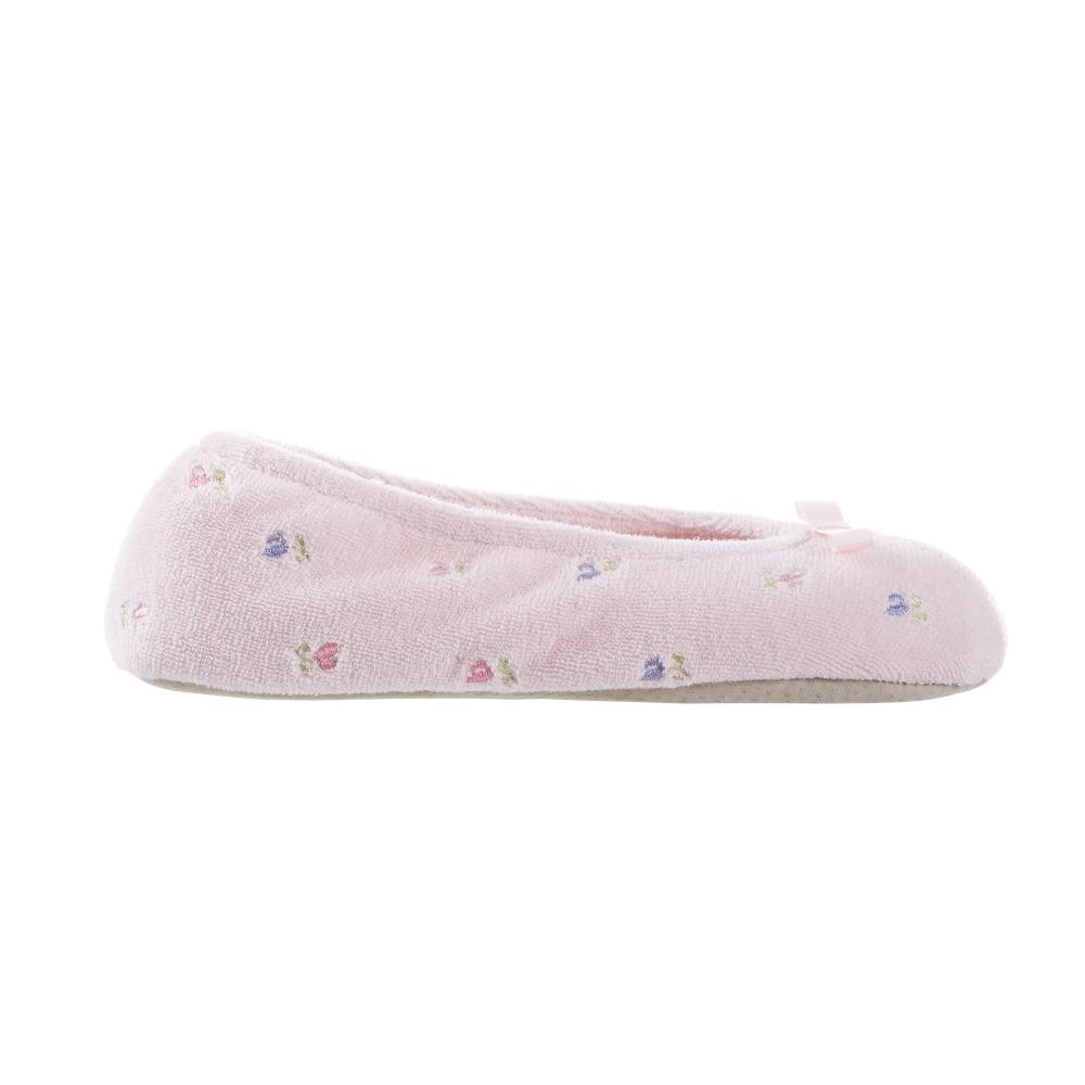 Women's Signature Embroidered Floral Terry Ballerina Slippers in Pink Profile