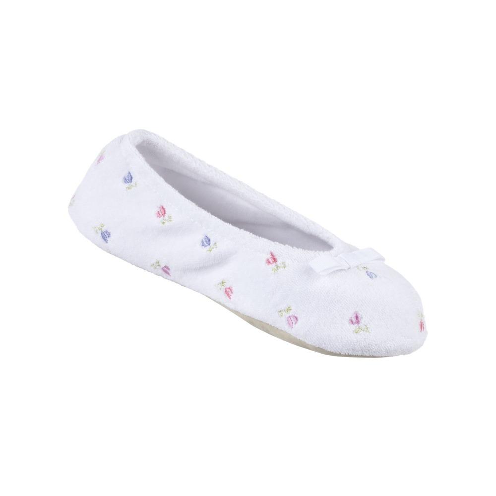 Women's Signature Embroidered Floral Terry Ballerina Slippers in White Left Angled View