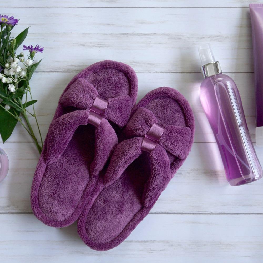 Signature Women's Microterry with Satin X-Slide Slippers in Violet Lifestyle Image