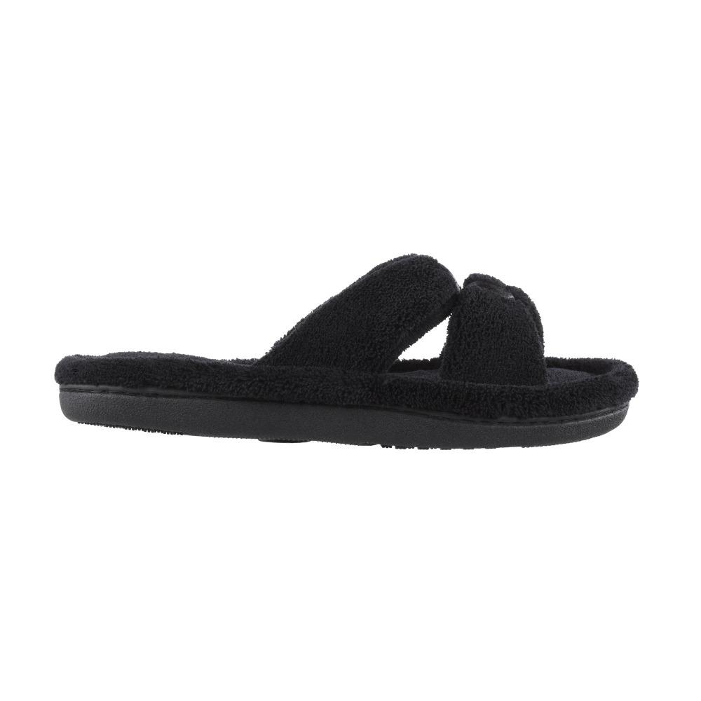 Signature Women's Microterry W/Satin X-Slide Slippers in Black Profile View