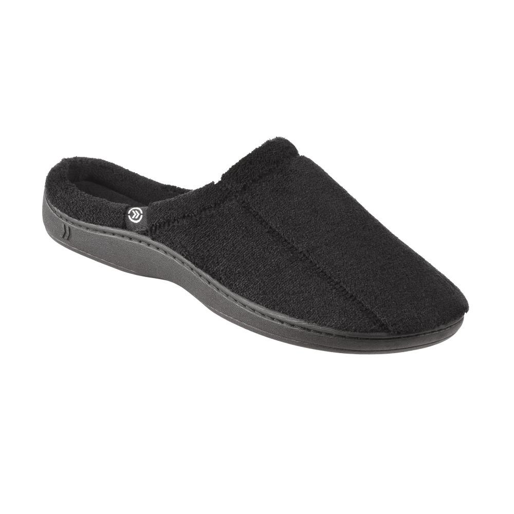 Signature Men's Microterry Hoodback Slippers in Black Right Angled View