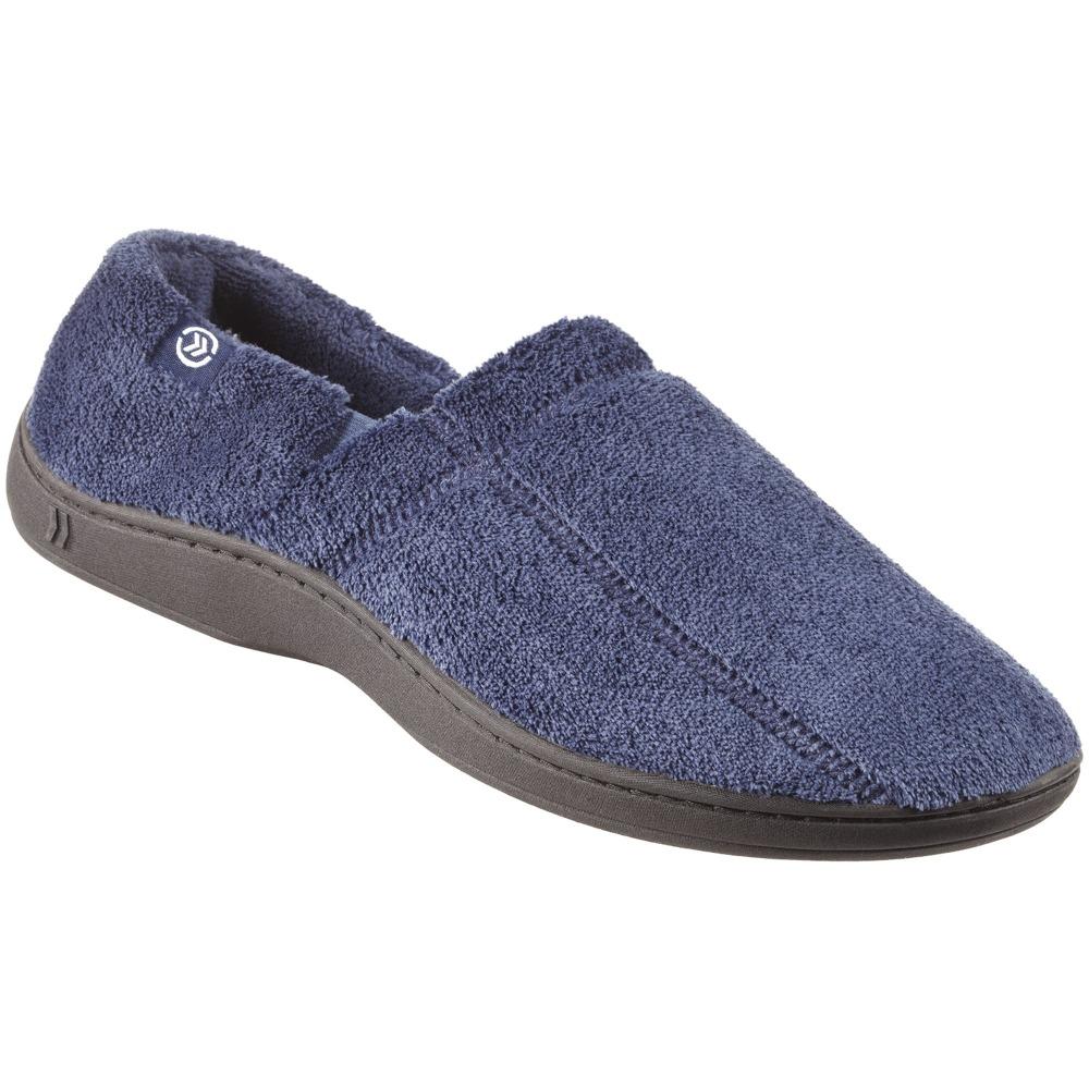 Signature Men's Microterry Slip On Slippers in Navy Right Angled View
