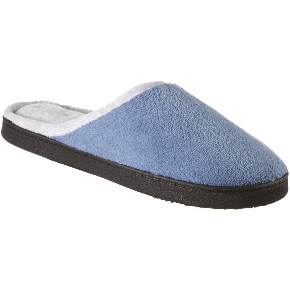 Women's Microterry Wider Width Clog Slippers in Denim with Grey Lining Right Angled View