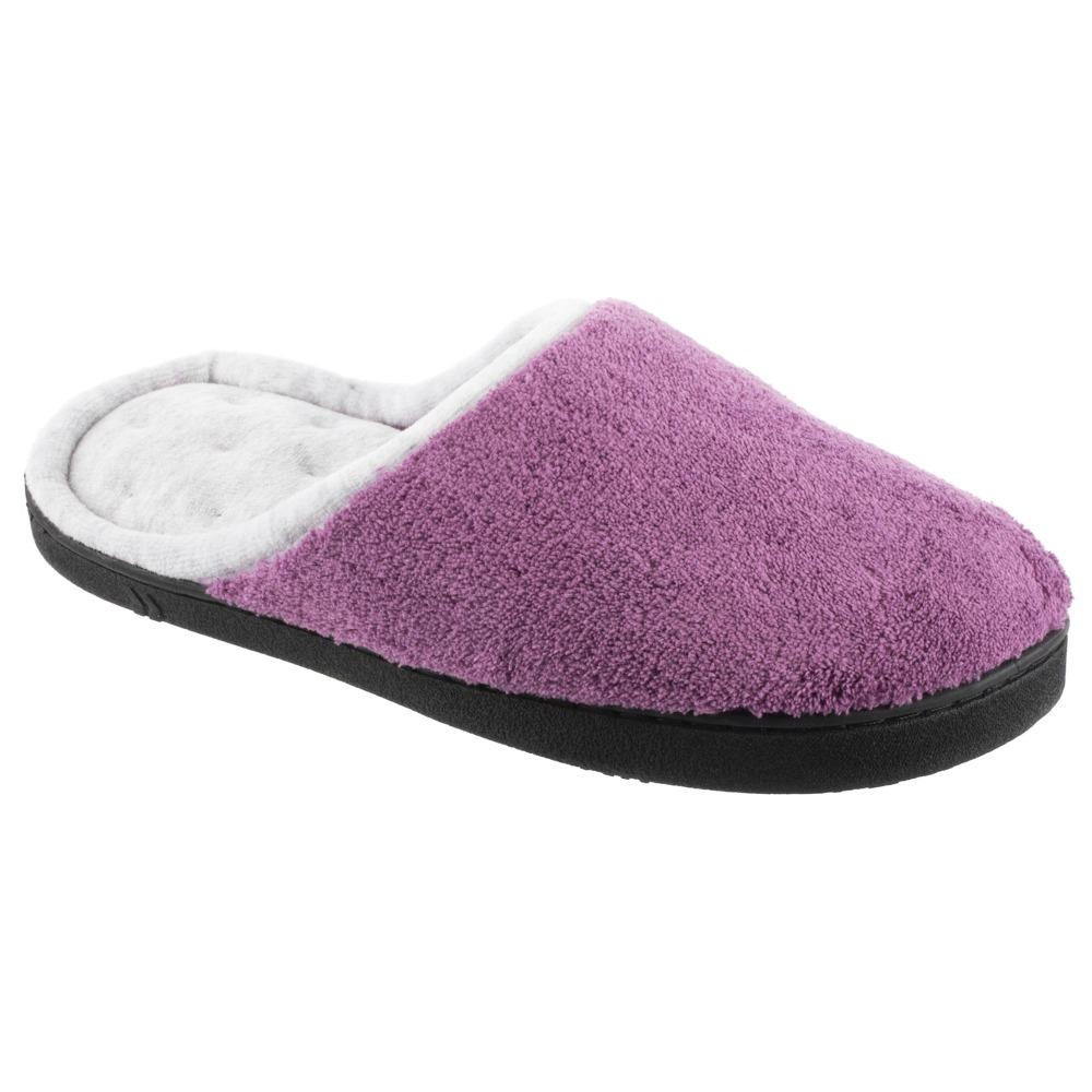 Women's Microterry Wider Width Clog Slippers in Violet with Grey Lining Right Angled View