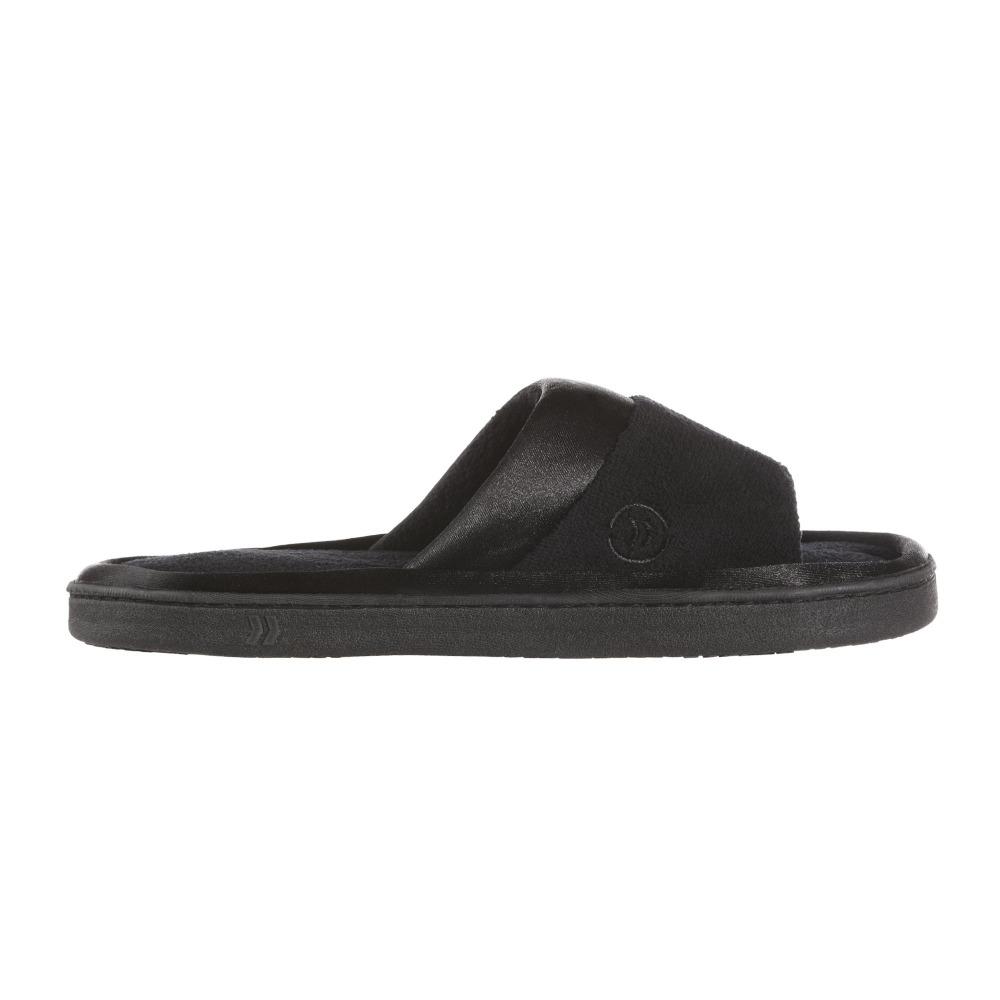 Women's Microterry Satin Trim Wider Width Slide Slippers in Black Profile View