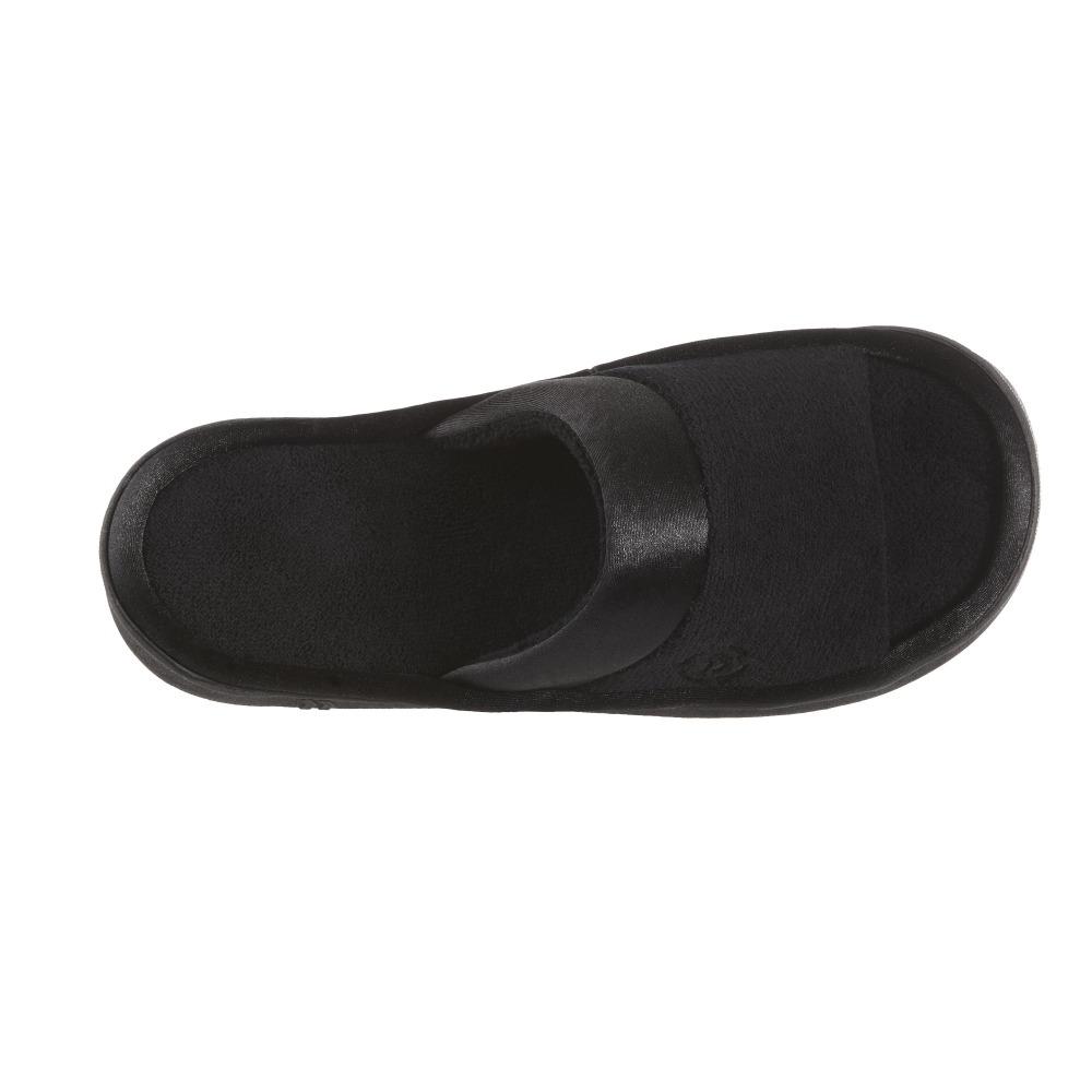 Women's Microterry Satin Trim Wider Width Slide Slippers in Black Top View