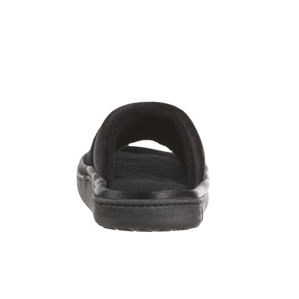 Women's Microterry Satin Trim Wider Width Slide Slippers in Black Heel View