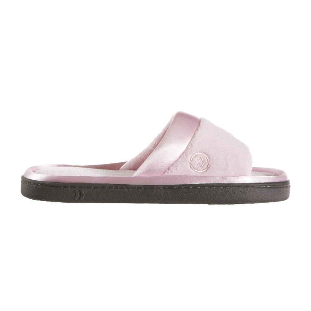 Women's Microterry Satin Trim Wider Width Slide Slippers in Peony (Pink) Profile View