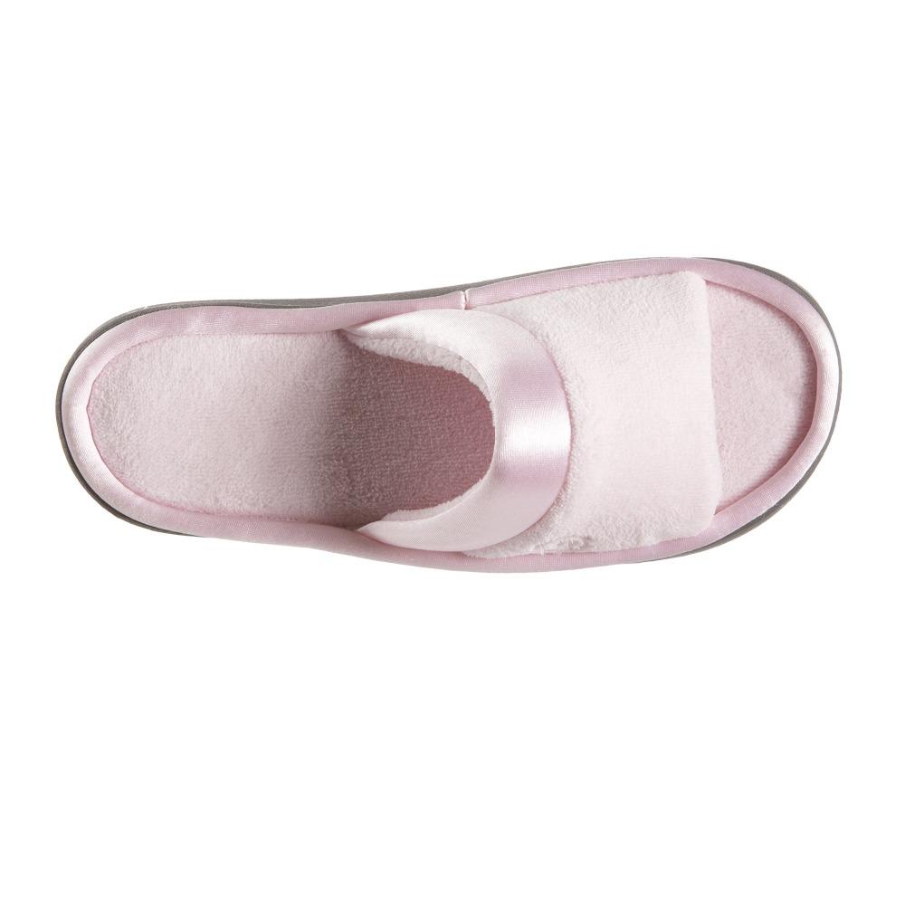 Women's Microterry Satin Trim Wider Width Slide Slippers in Peony (Pink) Top View