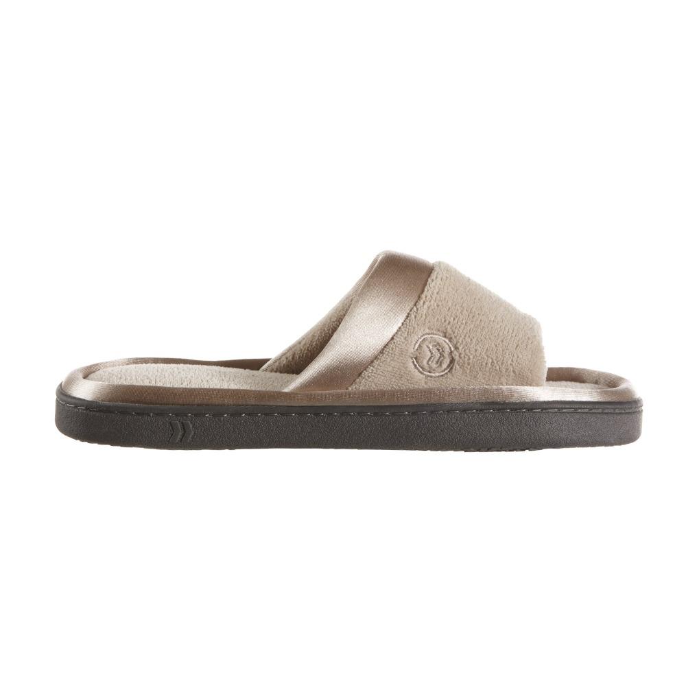 Women's Microterry Satin Trim Wider Width Slide Slippers in Stone Profile View
