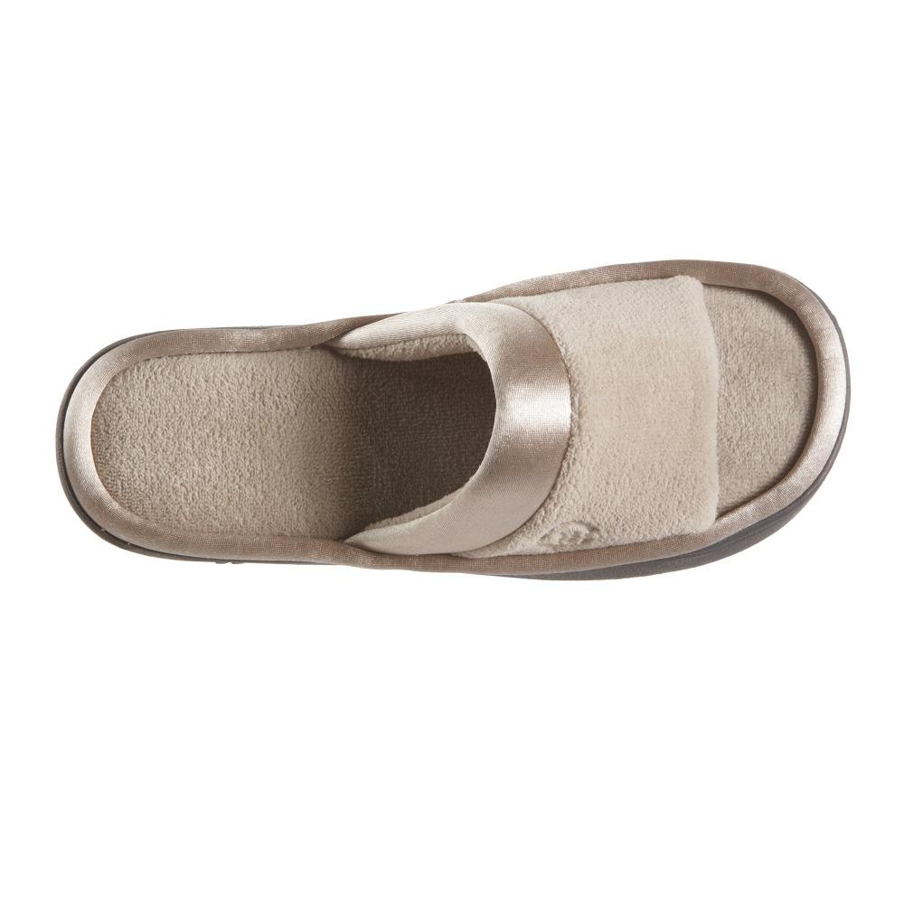 Women's Microterry Satin Trim Wider Width Slide Slippers in Stone Top View